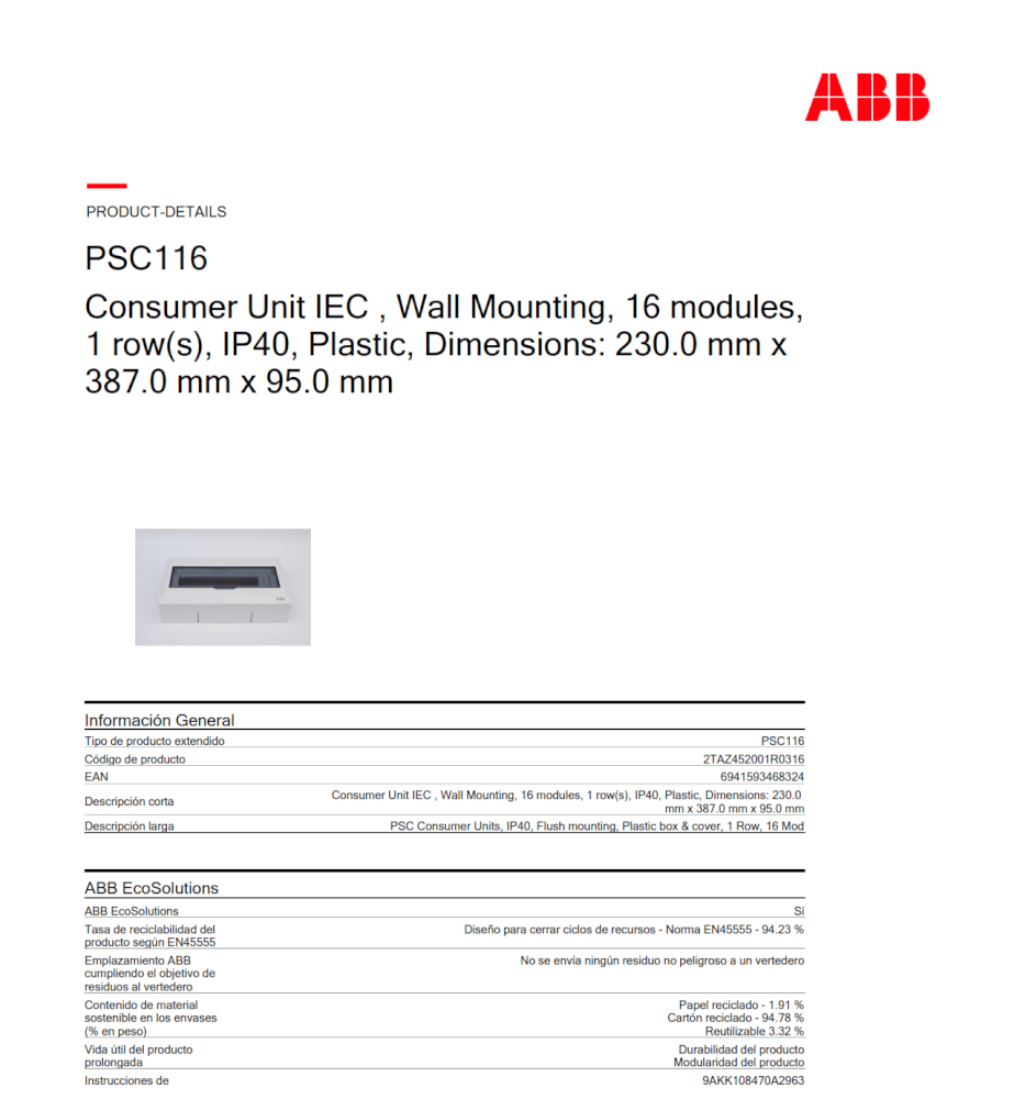 ตู้คอนซูมเมอร์ใส่เบรกเกอร์ 16 ช่อง ABB PSC116 Consumer Unit IEC IP40 Plastic Box & Cover